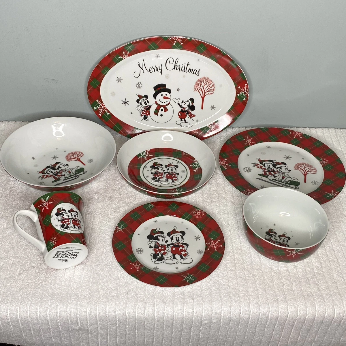 DISNEY MICKEY MINNIE MOUSE Plaid Snow Christmas Plates Bowls Mugs Dishes  CHOICE