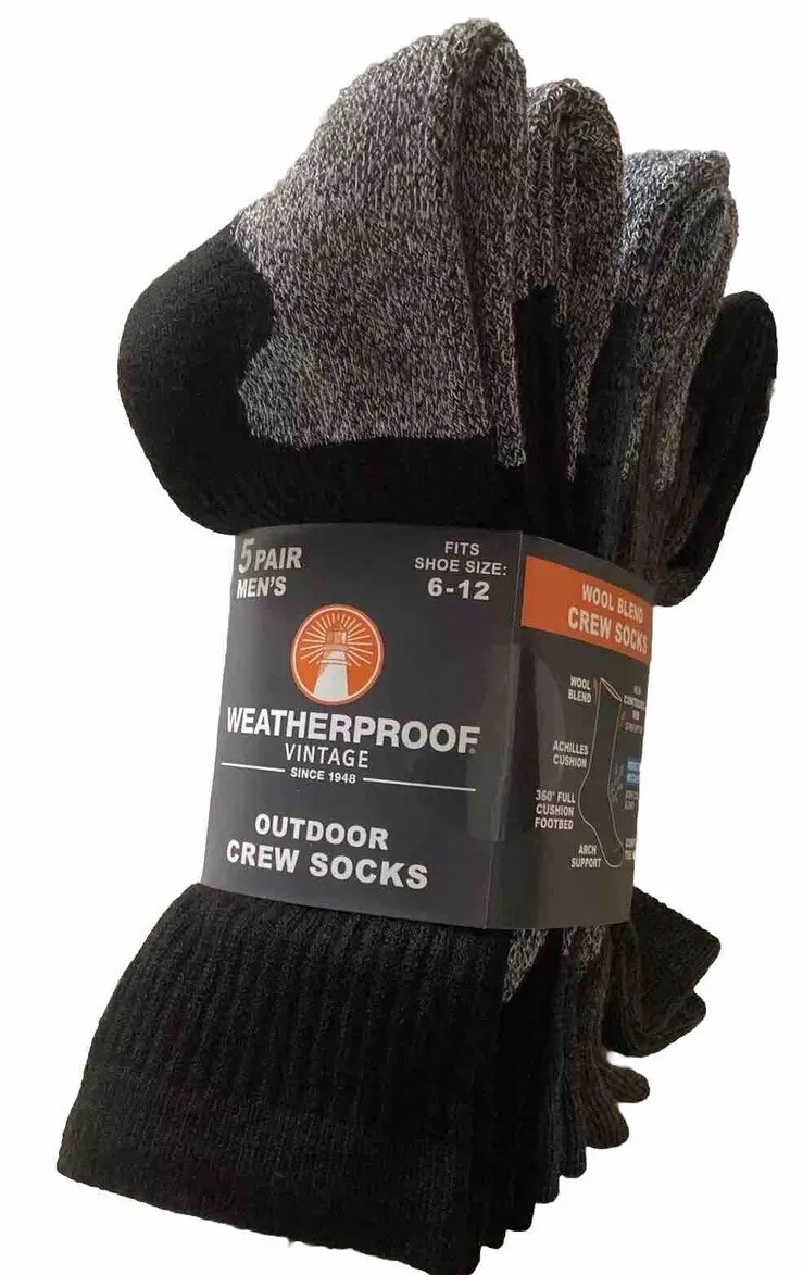 Weatherproof Vintage Men's Outdoor Crew Socks Shoe Size 6/12 Black