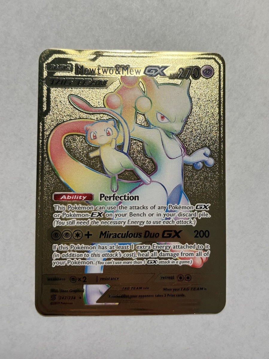 Rainbow Mewtwo & Mew GX Tag Team 270HP Gold Metal Fan Art Display