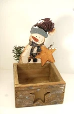 Handcrafted Wooden Snowman Box, Primitives, 6 X 6 X 9.5 icnhes