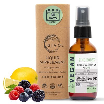 GIVOL Organic ZINC Boost Mist 40 mg Extra Strength - Sugar Free with Vit C an...