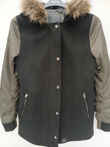 Womens size Small Superdry Hooded Coat Contrast Sleeves Fur Trim Hood PtP 19.5". - Picture 9 of 20