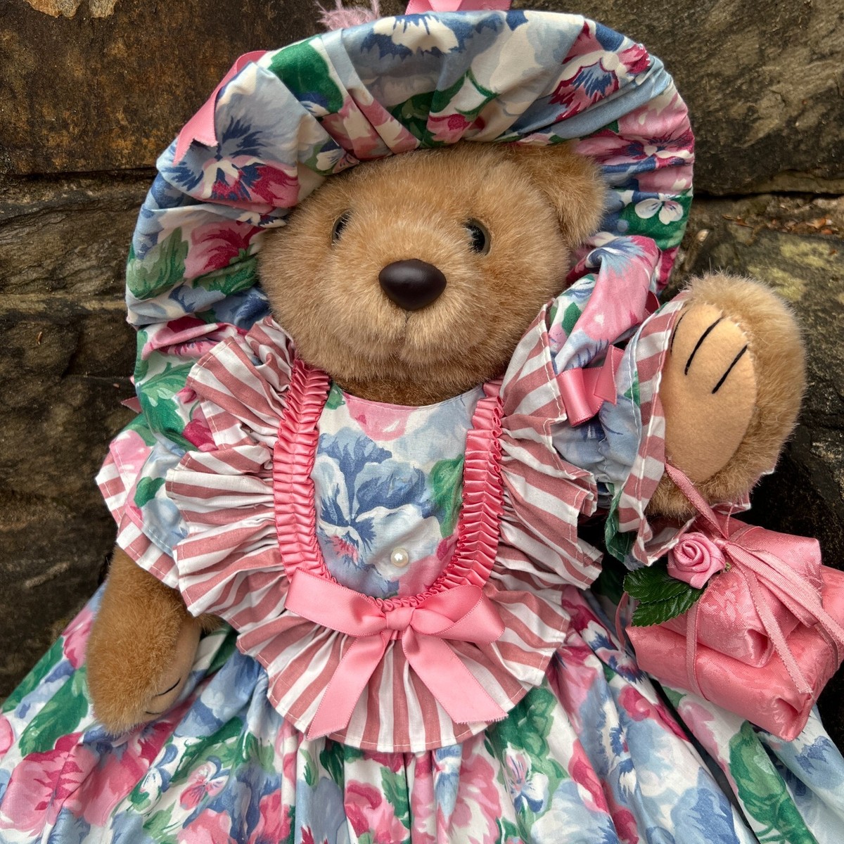 Vintage 1993 BEARLY PEOPLE Jointed Teddy Bear Plush in Pink Floral