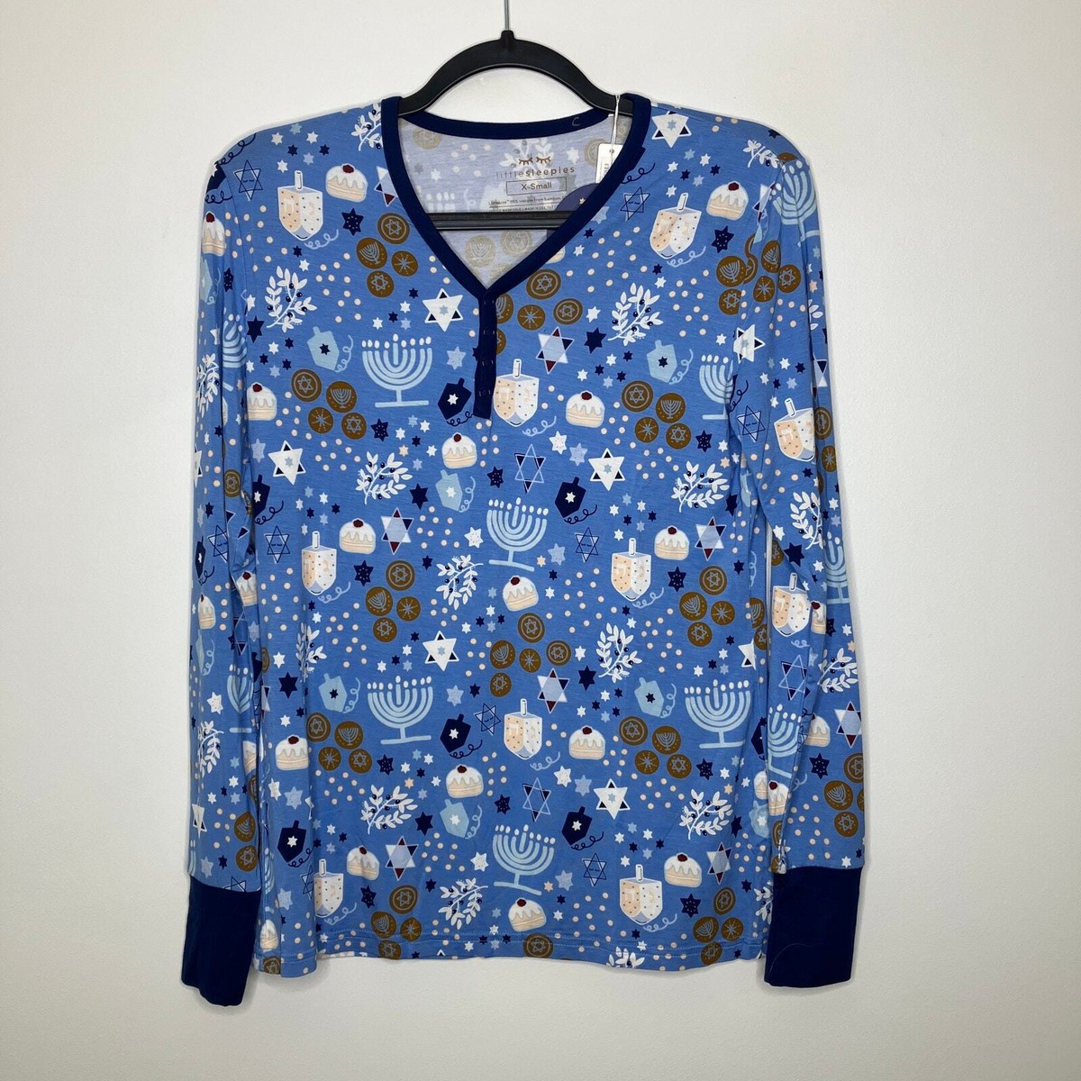 NWT LITTLE SLEEPIES Women's Bamboo Pajama Top Hanukkah Lights Blue