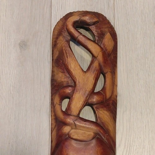Ancien grand masque tribal art bois sculpté main 24" de long - Photo 3/13