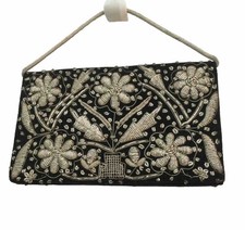 VINTAGE MADE IN INDIA SMALL Black VELVET PURSE With SILVER Embroidery - ORNATE