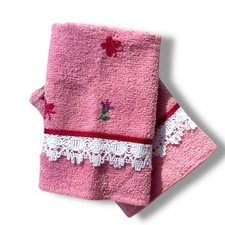 Vtg Dundee Brand Lace Trim Pink Face Cloth Cotton Floral Butterfly Cottage New