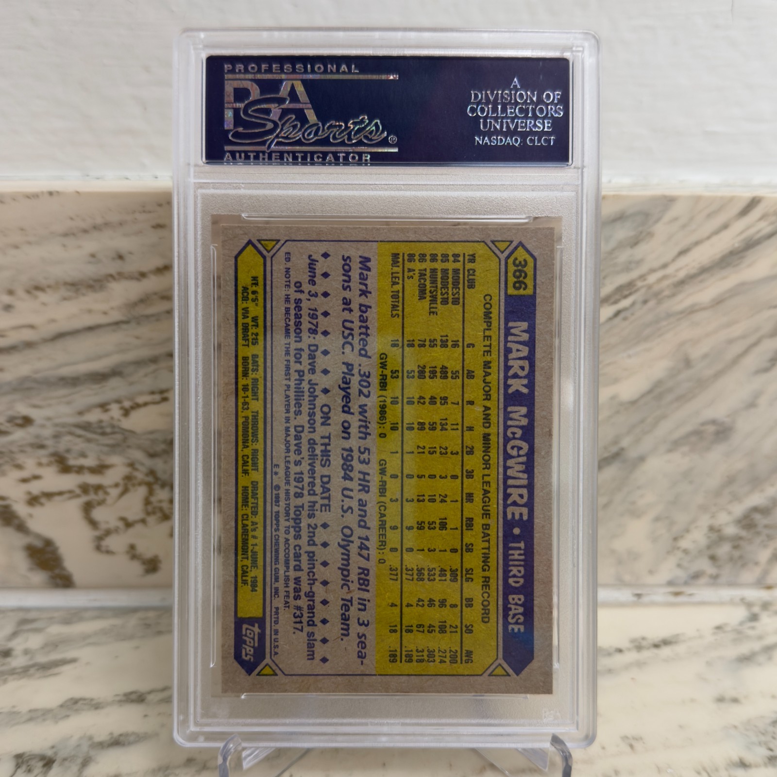 1987 Topps Mark McGwire #366 PSA 9 RC Rookie Oakland Athletics view 2