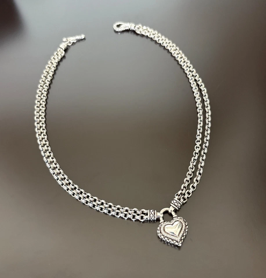 Scott Kay 925 Sterling Silver Heart Diamond SOLID Double Chain Necklace 18” RARE - Image 4 of 4
