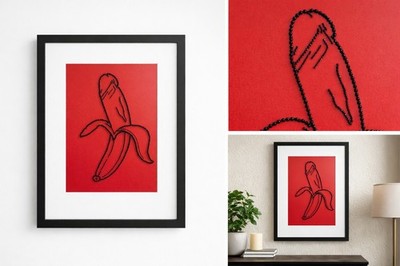 Minimalist Banana Wall Art Handmade Crystal Line Art Modern Red Black Frame .