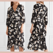 EUC $495 Alice + Olivia [ 2 ] Kye Ruffle Floral Midi Dress Black Blossom U1589