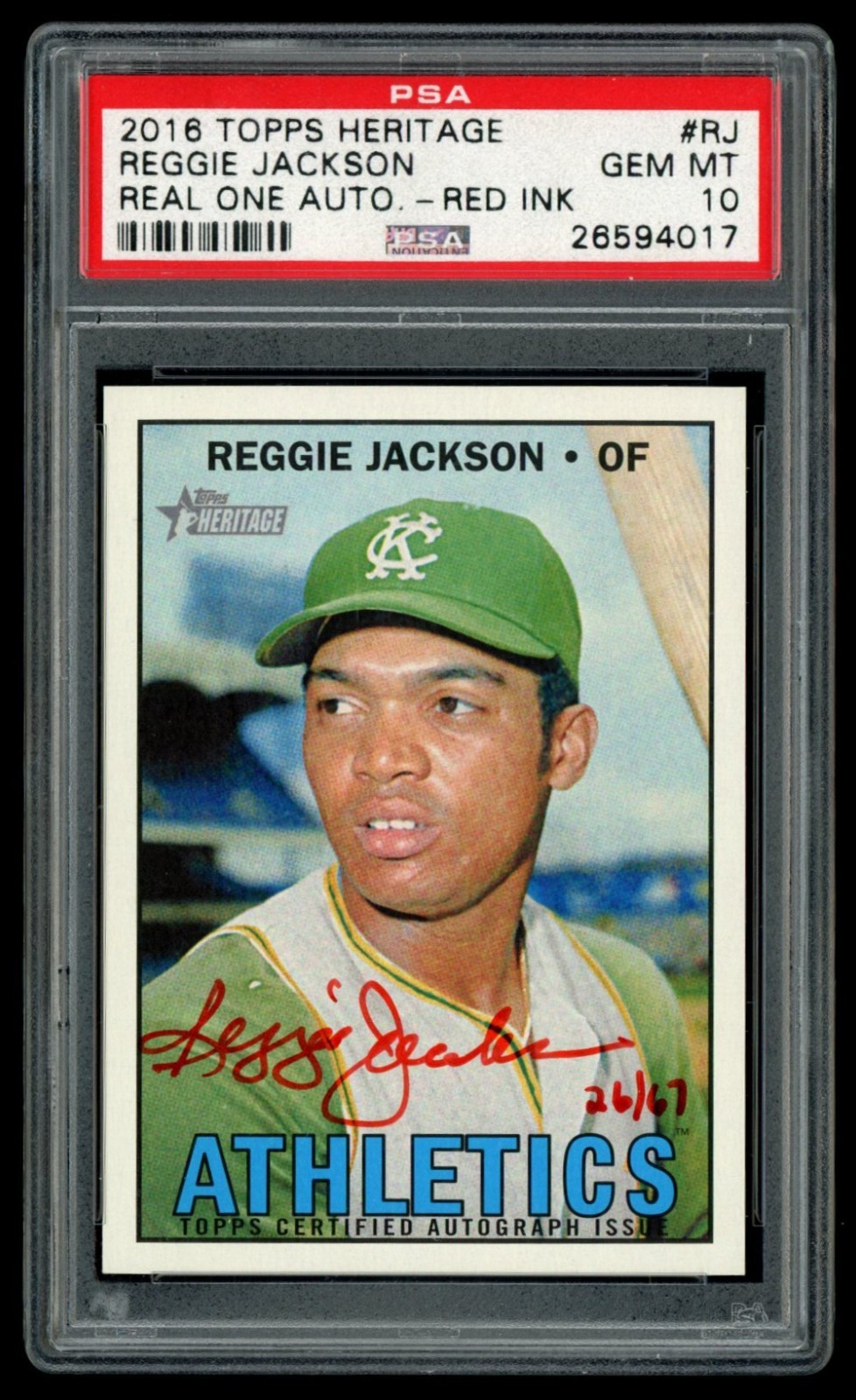 2016 Topps Heritage Reggie Jackson Real One Red Ink Auto /67 PSA 10 Athletics