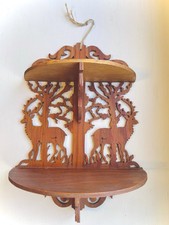 Vintage 14 Scroll Saw Elk Deer Stags in Wood Fretwork 2Tier Wall Shelf Folk Art