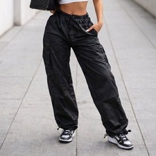 Women's Black Nylon Drawstring Pants Lightweight Adjustable Hem, S