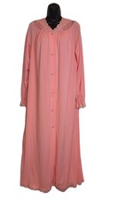 Vtg 70 s Shadowline Gown Robe Pink Lace Floral Rosebuds Button Down Sz M