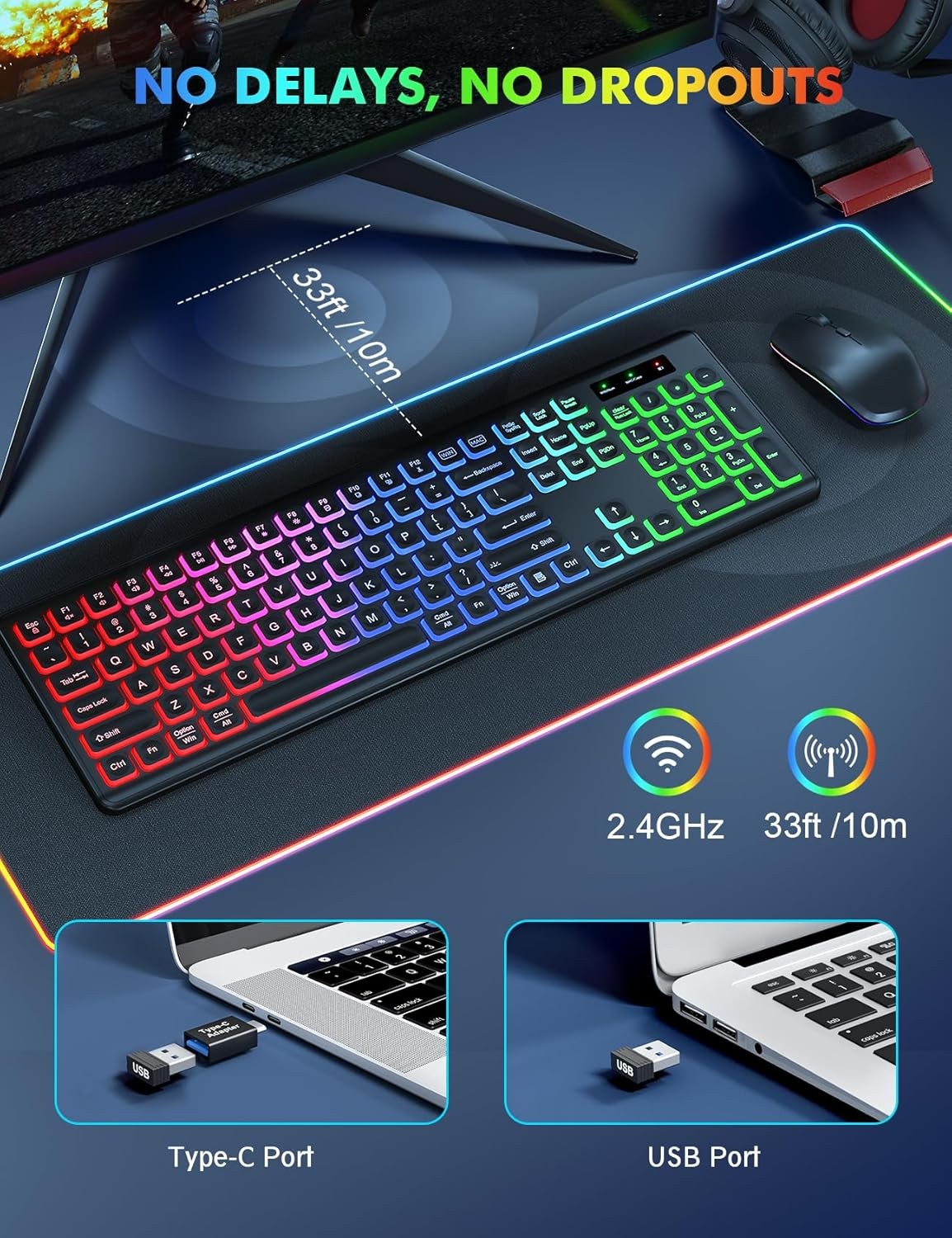 Wireless Keyboard and Mouse Combo - RGB Backlit, Rechargeable & Light up Letters