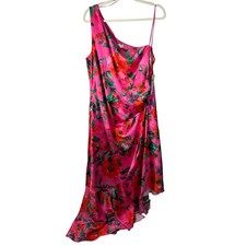 Eliza J Pink Floral Satin One-Shoulder Asymmetric Midi Dress 16W
