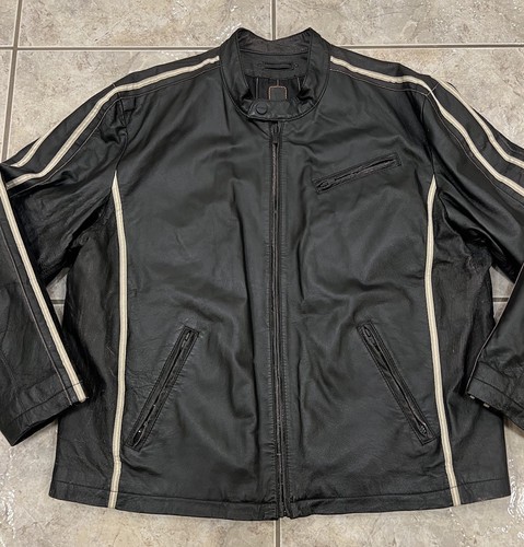 Mens 2XL Wilsons Leather Jacket Black w/Stripes Biker Motorcycle Cafe Racer Moto - Picture 3 of 16