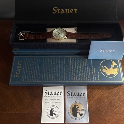Stauer Ultimate Slim Watch New With Box Gold Fused W/ Genuine Leather Strap