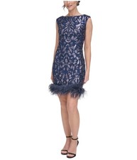 Eliza J Womens Feather Trim Sequin Sheath Dress