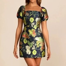 NWT Lulus So Stunning Navy Blue Floral Jacquard Puff Sleeve Mini Dress