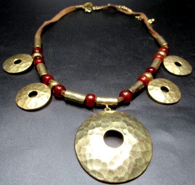 NEXT Signed Leather Dangling Brass Rings Necklace
