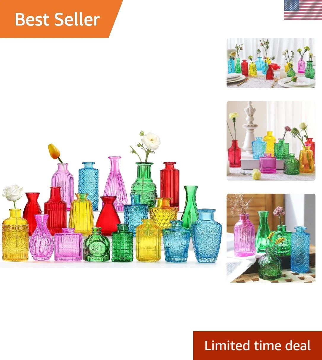 Color Bud Vases in Bulk -Glass Colorful Bud Vase Set Small Flower Glass for C...