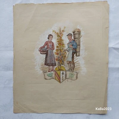 Carl Baum - Weinbauer und Bäuerin bei der Weinlese - signiert CB 1952 - Bild 1 von 3