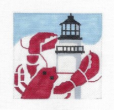 MAINE Lobster  Lighthouse 4" Sq. HP Needlepoint Canvas by Melissa Prince