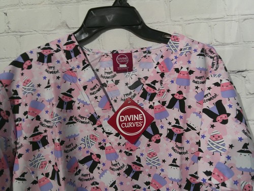 Womens Light Pink Halloween Divine Curves short sleeve Medical Top Plus Size 1X - Picture 2 of 4