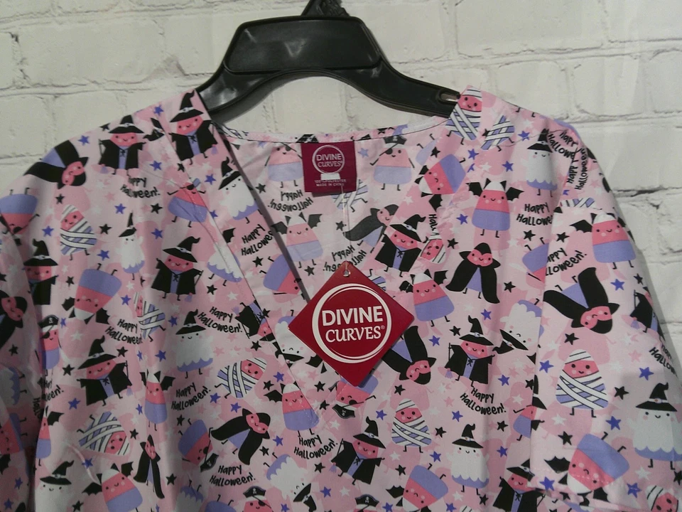 Womens Light Pink Halloween Divine Curves short sleeve Medical Top Plus Size 1X - Image 2 of 4