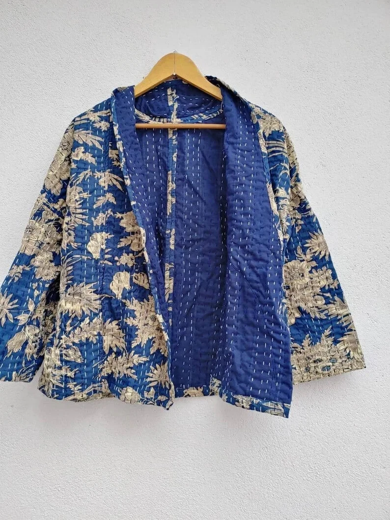 New indigo kantha quilted short kimono women wear vintage coat festival fashion