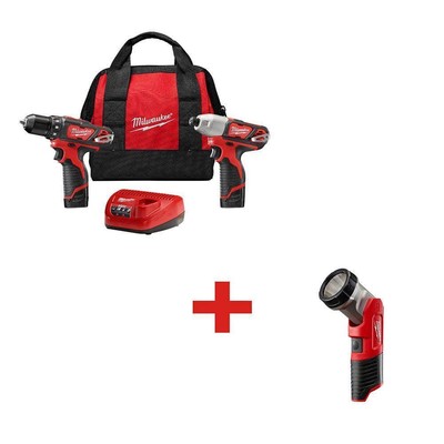 Milwaukee Drill/Driver + Impact Combo Kit 12V Li-Ion Cordless w/ LED Flashlight