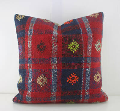 Decorative handmade Turkish Kilim Pillow Cover 16x16 Red Blue Kilim Pillow 
