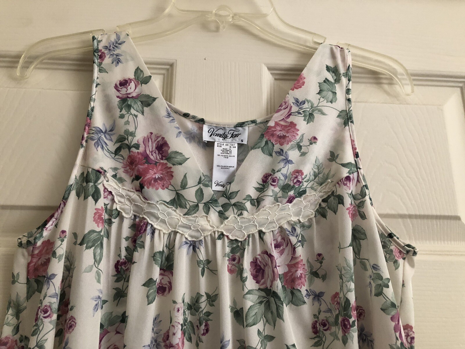 Vanity Fair Short Nightgown Nightie Sleeveless Cream With Rose Print Sz