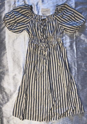 Universal Thread Size Small Blue and Cream Striped Puff Sleeve Midi A-Line Dress