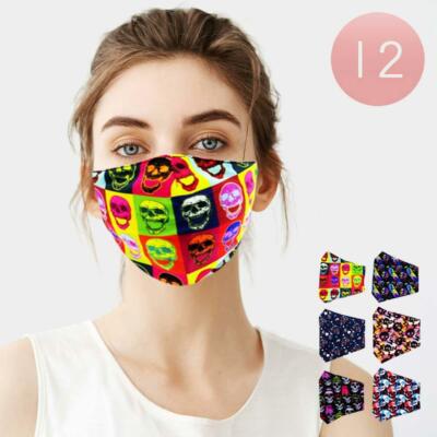 12 Pack Face Mask Funky Colorful Skulls Print Reusable Washable Protection Cover