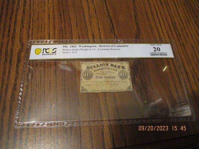 1862 TEN CENTS  BULLION BANK OF WASHINGTON DC PCGS 20 VERY FINE FRACTIONAL CURR.