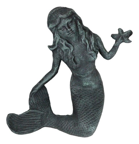 13 Zoll L Gusseisen große nautische Sirene Meerjungfrau hält Seestern Verdi grüne Statue - Bild 7 von 9