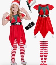 NEW Girls Christmas Elf Costume Kids Santas Workshop Helper Dress Tights 8-10 Yr