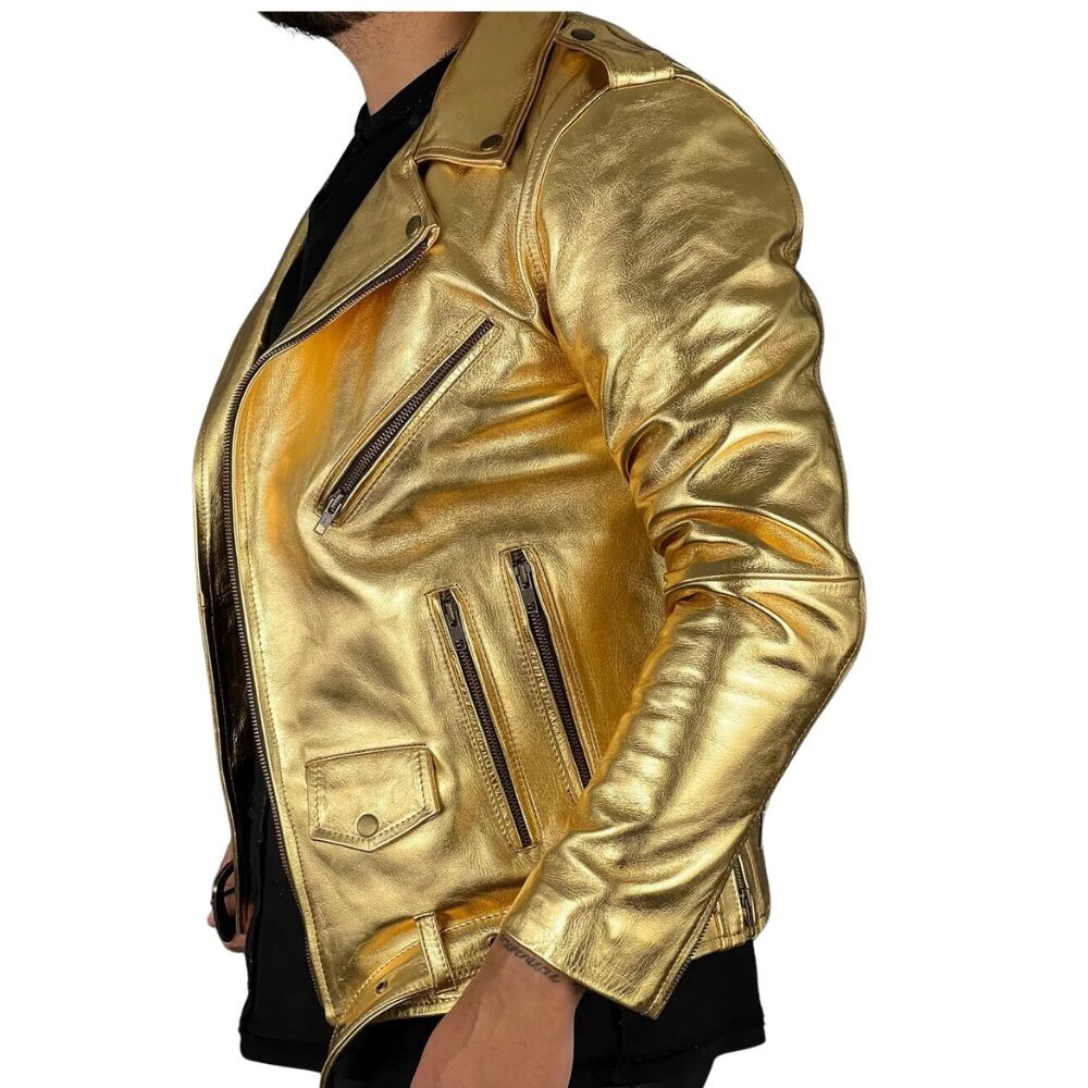 ジャケット・アウター 24karats GOLD GENESIS LEATHER JACKET XL Ladies High Waist Rock-Chick Cropped Gold/Silver Foil Real