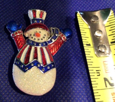 Vintage Patriotic Uncle Sam Snowman Sparkle Christmas Enamel Brooch Silver Tone
