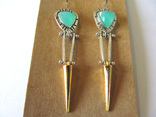 NEW LONG TURQUOISE GEMSTONE DANGLING DROP SILVER-GOLD PLATED PIERCED EARRINGS