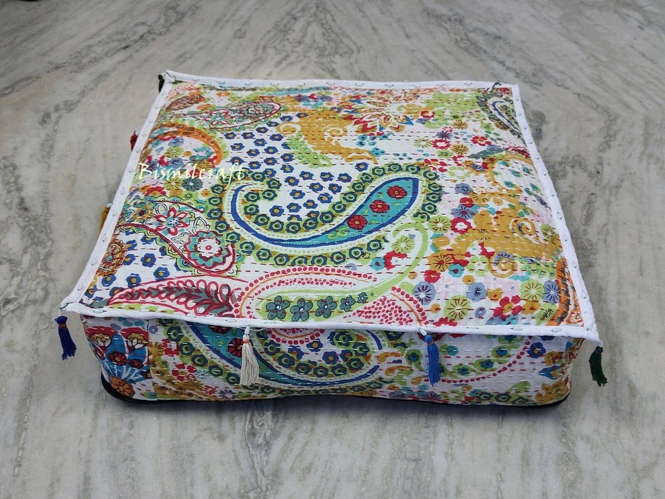 22X22X5" Square kantha Cushion Cover White Paisley Decorative Pillow Covers - Image 4 of 4