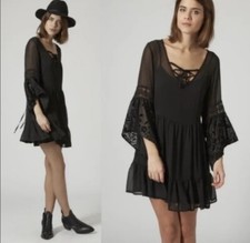 Band of Gypsies Black Sheer Ruffle Dress w/Neck Laces to tie Size M Cool Dress!