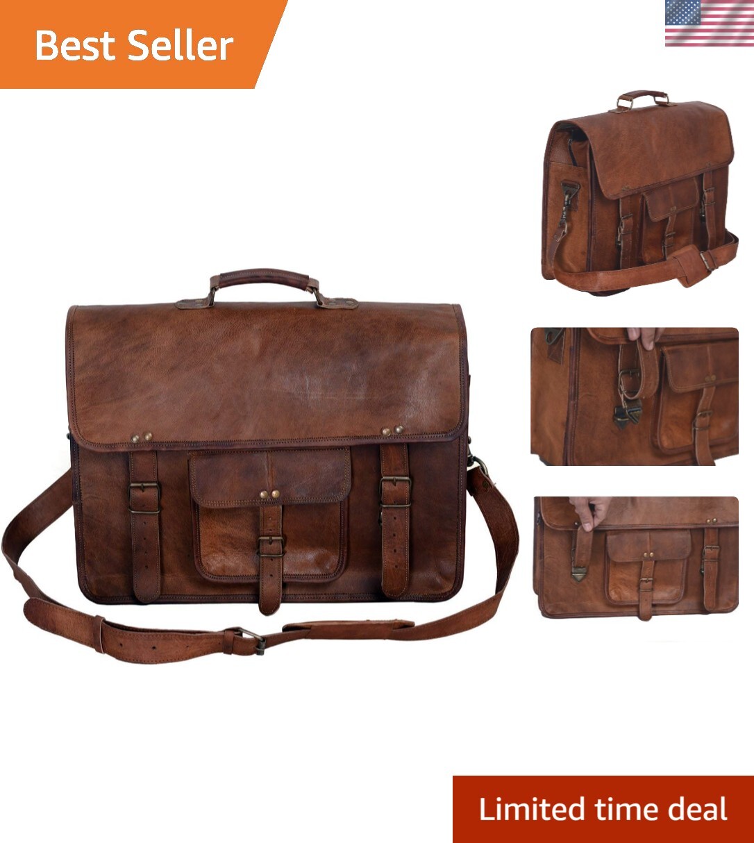 Men's 18 Inch Leather Laptop Messenger Bag - Office Briefcase & Business Satchel