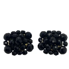 Vintage Goldtone Clip-On Earrings Statement Black Glass Beads