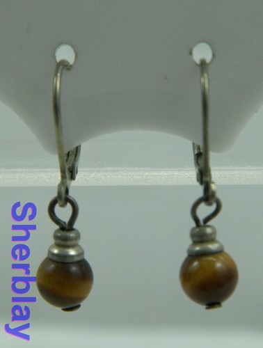 Vintage Tigers Eye Silver Tone Metal Dangle Pierced Earrings - 第 1/4 張圖片