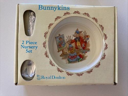 Bunnykins Royal Doulton Nursery Set Artist Bowl, Spoon NIB with soap