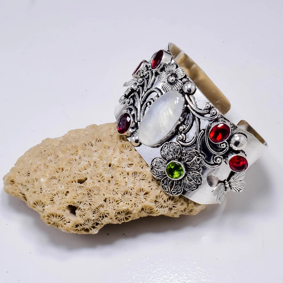 925 Sterling Silver Moonstone, Garnet Gemstone Jewelry Cuff Bracelet Size-ADJ - Image 2 of 4